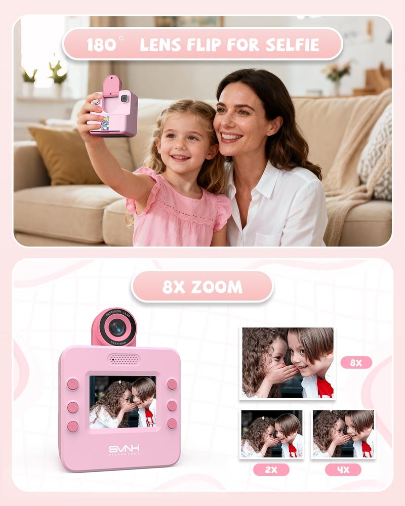 Sylvanthos Kids Camera Instant Print, Digital Camera for Kids, 180° Rotating Selfie Lens with 32GB SD Card & 2 Rolls Printing Paper Kids Toy Birthday Gifts for Boys Girls Ages 3-12, Pink - Image 4
